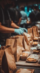 Restaurant worker packing takeout orders in brown paper bags with gloves on in a busy kitchen