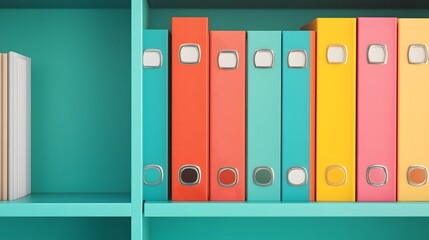 Organized binders on colorful shelves in a minimalist office environment.