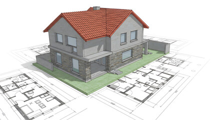 3D Rendered Residential House with Red Tile Roof and Architectural Plans on White Backdrop