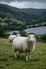 Obraz premium Sheep standing in grassy field in rural landscape portrait view in Wales United Kingdom