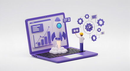 3D Rendered Rocket Launching From Laptop Screen with Data Charts and a Worker with Icons