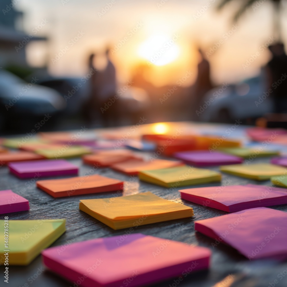 Poster close-up of colorful sticky notes on table at sunset, brainstorming session, idea generation, strate