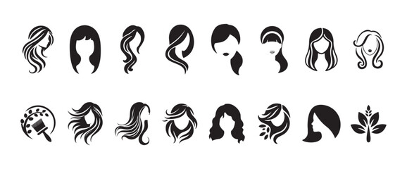 Various Girl Hairstyle Collection. Hair silhouette vector. Women side face with hair care icon. Illustration eps 10