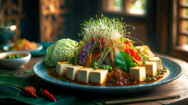 Acar Tahu includes tofu, cabbage, sprouts, and additional vegetables served with a sour sauce made from brown sugar, vinegar, and chilies.