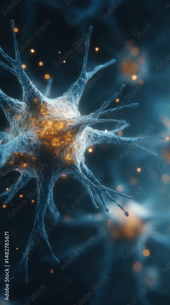 Poster microscopic neuron cell body with dendrites and axons in neural network close up view abstract illus