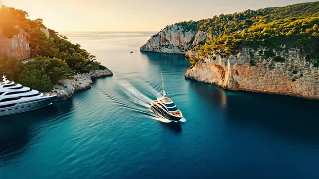 Luxury yacht navigating scenic coastal coves at sunset