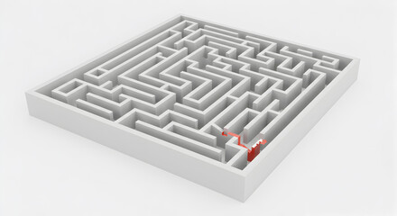 3D Rendered White Maze with Red Path Indicating Solution and Navigation