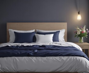 Serene king-size bed, navy bedding, bedside vase of flowers , fresh, luxury, bouquet