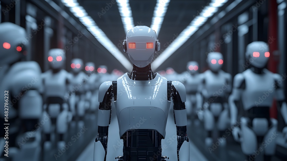 Poster smart factory with robotic arms working on assembly lines, automation in manufacturing.