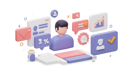 3D Render Of A Man Surrounded By Business And Communication Icons On White Background