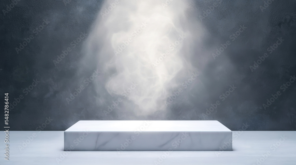 Poster a minimalist marble podium with soft lighting creating an ethereal atmosphere.