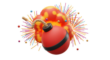 3D Render Of A Red Bomb With Explosion And Fireworks Isolated On White Background