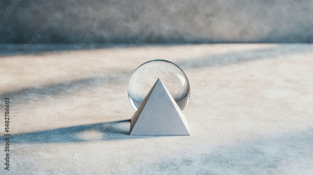 Poster a minimalistic geometric design featuring a triangle and a glass sphere.