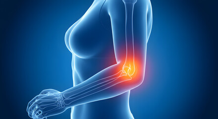 3D Render Of Human Body Highlighting Elbow Joint Showing Pain And Inflammation On Blue Background