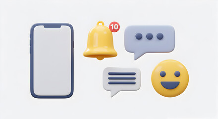 3D Render Of Mobile Phone Notification Bell Speech Bubbles And Smiley Face Icons On White Background