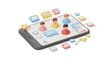 3D Render Of Smartphone With Pixelated People Icons And App Symbols On White Background