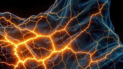 Abstract image of glowing orange electric lines cracking through a dark, textured surface.