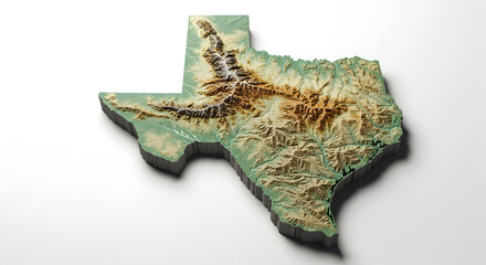 3D Texas Map with Elevation Rendered in Earth Tone Colors on White Background
