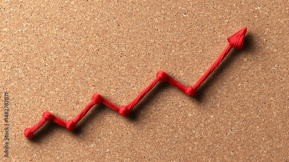 Poster a red ascending graph made of string on a brown surface, symbolizing growth and progress.