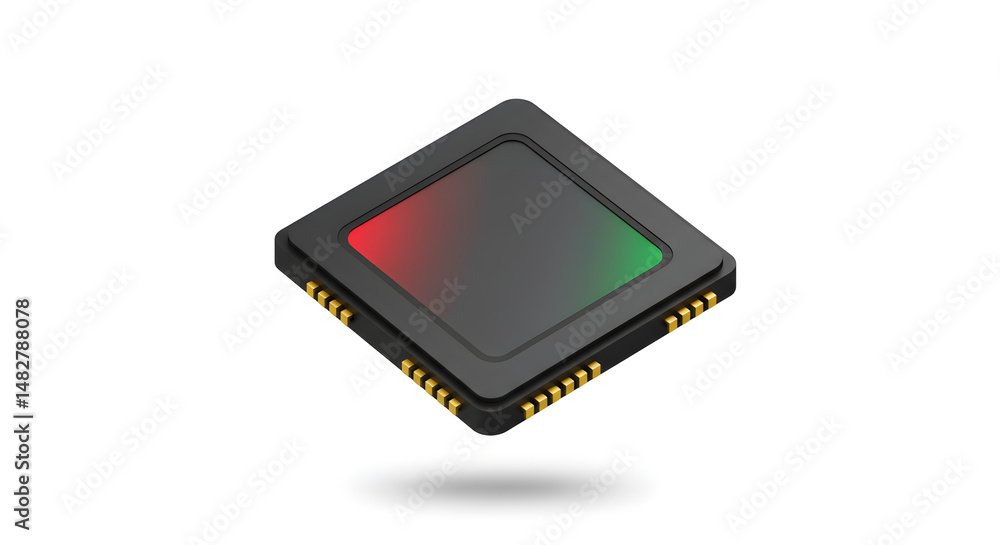 Poster isolated black microchip with gold pins featuring red and green gradient fill square design on white