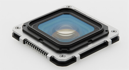 Isometric View of a Square Camera Lens Module with Black Frame and Silver Metallic Structure on White Background