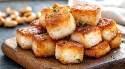 Crispy, golden cheese cubes on a wooden board