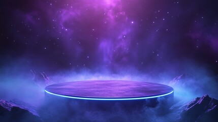 3D, background, Floating Purple Neon Pedestal in Misty Cosmic Void