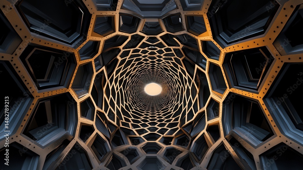 Poster hexagonal tunnel pattern, with interwoven shapes that create an optical illusion of depth and moveme