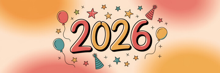 Fun Cartoon Balloons and Hats Illustration for 2026 Celebration