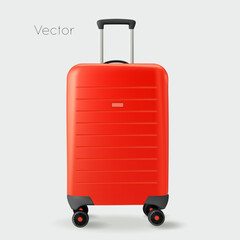 Red modern suitcase for travel, case icon isolated on white transparent background. Vector illustration