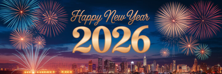 Grand Fireworks Over Sunset Skyline for 2026 New Year