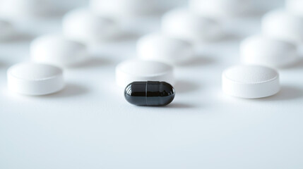 A single black capsule among white pills on a clean surface.