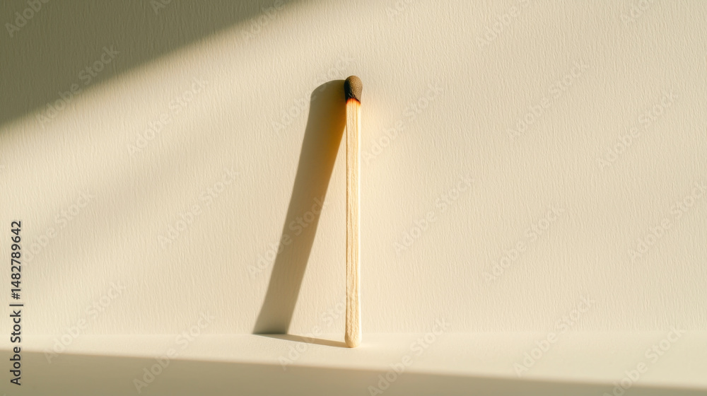Poster a single matchstick standing upright, casting a shadow on a minimalistic background.