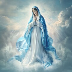 a serene image of Our Lady (Nossa Senhora) in a flowing blue and white robe, hands together in prayer, surrounded by soft light and clouds, peaceful heavenly atmosphere, divine presence