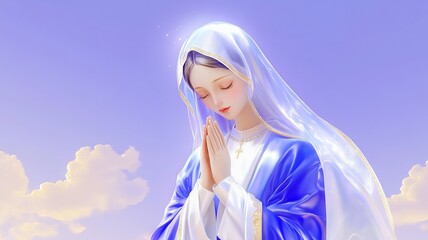 a serene image of Our Lady (Nossa Senhora) in a flowing blue and white robe, hands together in prayer, surrounded by soft light and clouds, peaceful heavenly atmosphere, divine presence