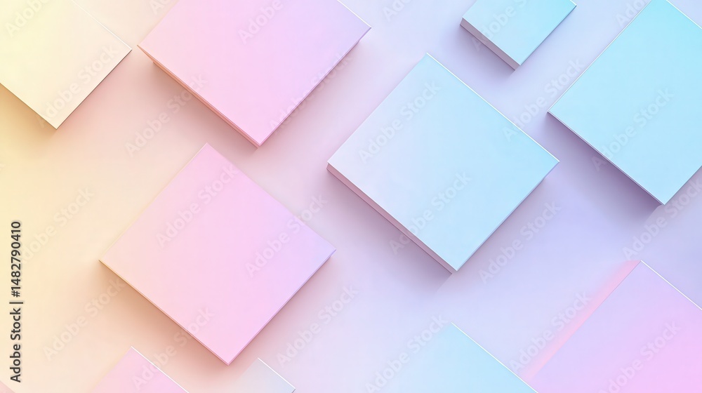 Poster minimalist background with overlapping squares in pastel tones, blending softly into a smooth gradie