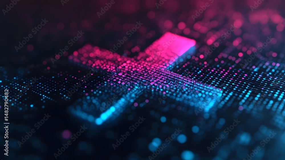 Poster plus sign with dynamic glowing particles in the abstract technology backdrop