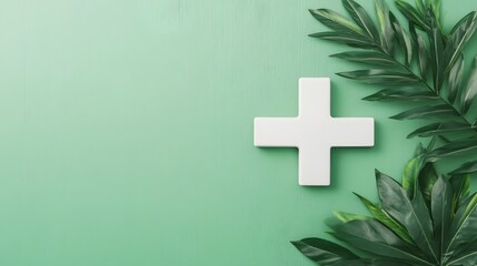 Obraz premium Natural wellness and healthcare concept with green leaves and plus symbol