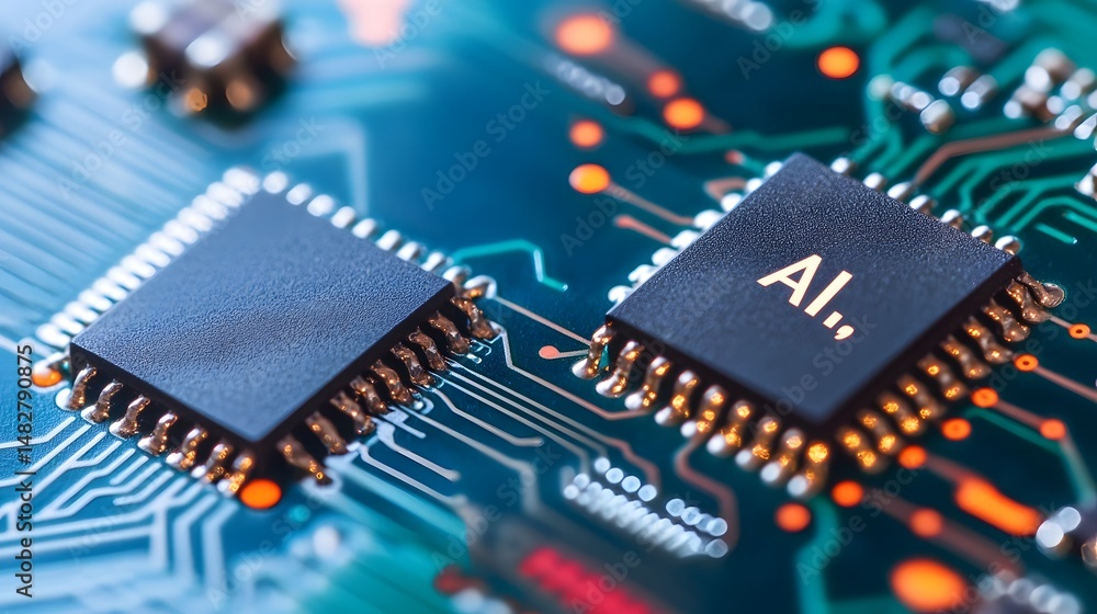 Aufkleber close-up view of a microchip with the word 'ai' indicating intelligence technology.