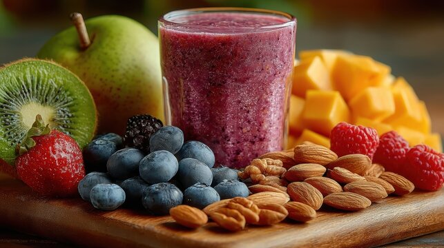 A healthy fruit-filled breakfast with smoothies and nuts, promoting a balanced, nutritious start to the day
