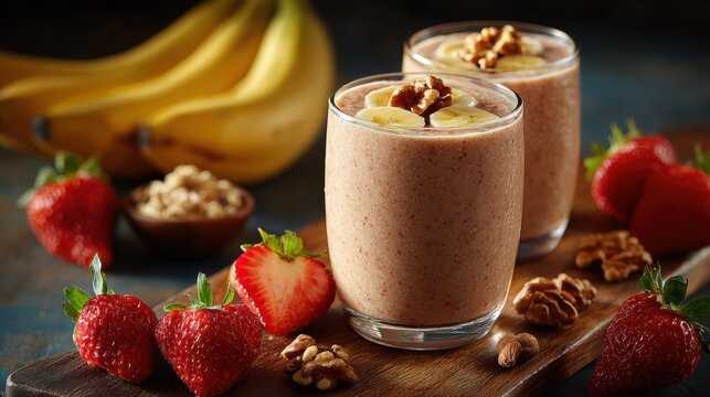 A healthy fruit-filled breakfast with smoothies and nuts, promoting a balanced, nutritious start to the day