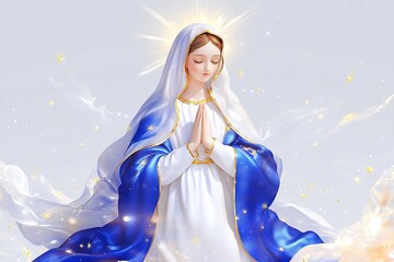a serene image of Our Lady (Nossa Senhora) in a flowing blue and white robe, hands together in prayer, surrounded by soft light and clouds, peaceful heavenly atmosphere, divine presence