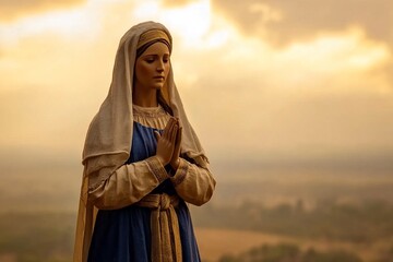 a serene image of Our Lady (Nossa Senhora) in a flowing blue and white robe, hands together in prayer, surrounded by soft light and clouds, peaceful heavenly atmosphere, divine presence