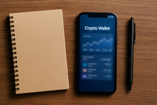 Wooden desk with black pen and spiral notebook beside smartphone showing crypto wallet UI in dark theme shown in a modern studio style without branding or text elements shown in a moder - Powered by Adobe