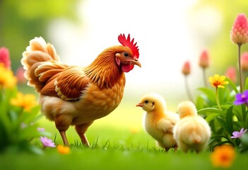 Fototapeta premium Adorable Hen and Chicks in a Spring Garden A Delightful Farm Scene