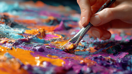 Close-up of paintbrush creating vivid textures on canvas