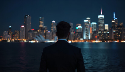 Men facing away from the city night view