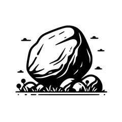 Stone, Grass, Clouds - Minimalist Black & White Illustration