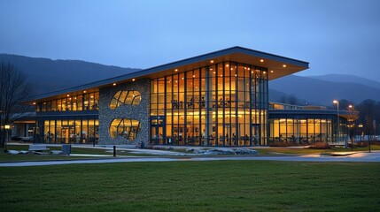 Modern community center at twilight