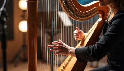 Female musician playing harp in studio during recording session  